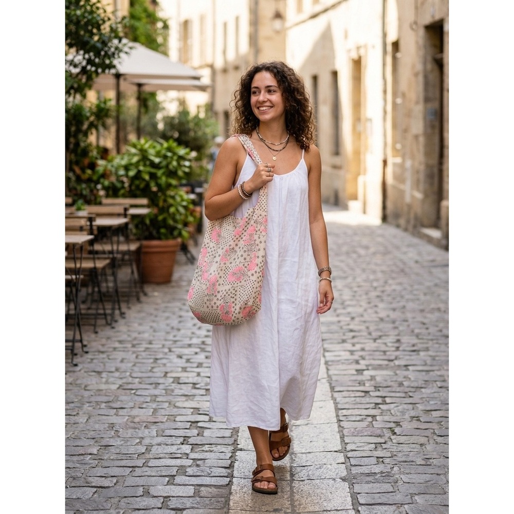 Free People Tote Bag Women Floral Star Dot Reusable Neon Pink Cream Shoulder Bag